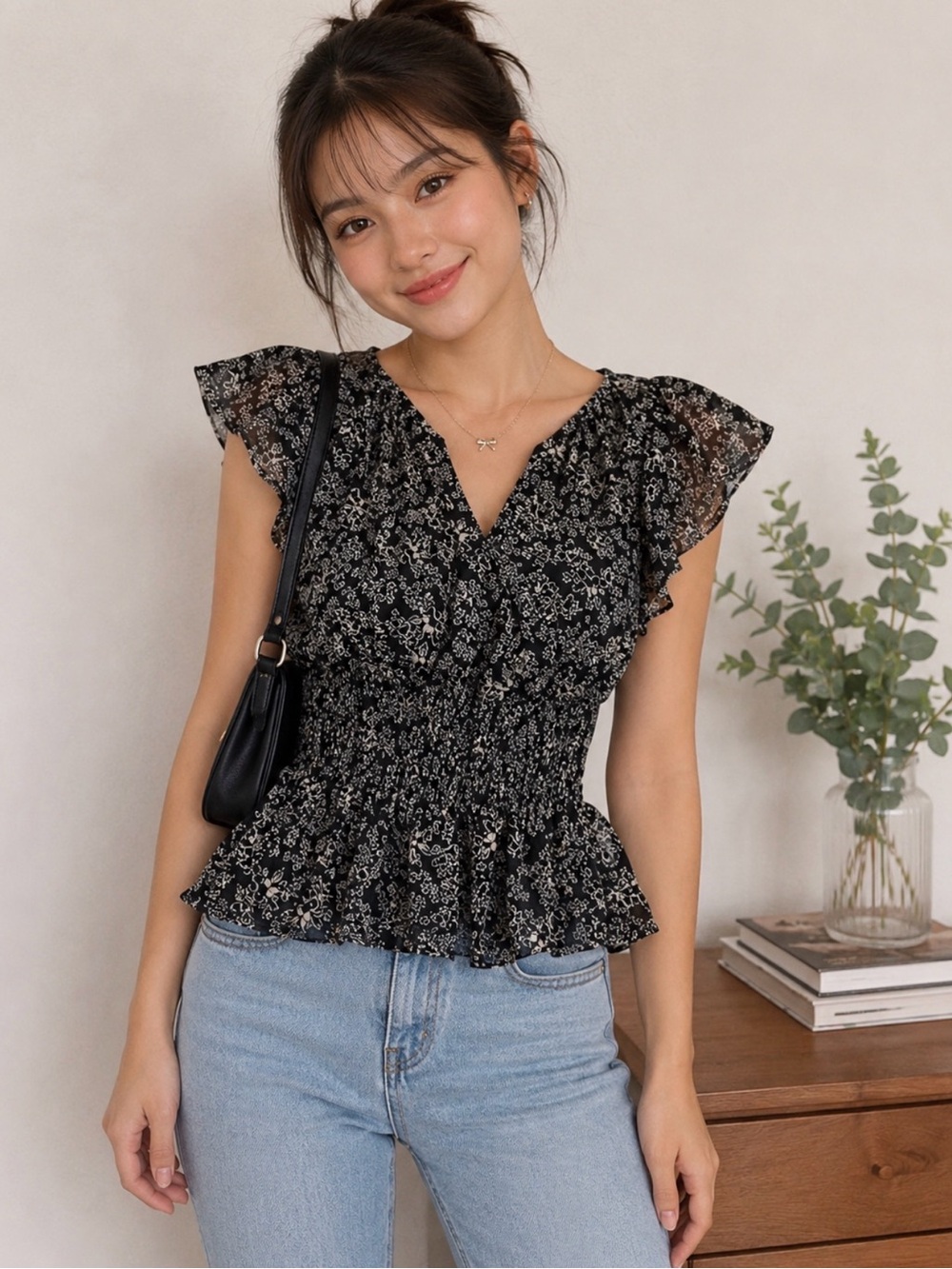 JAPNA Black Floral Smocked Waist Blouse XXS Flutter Sleeve Peplum Top